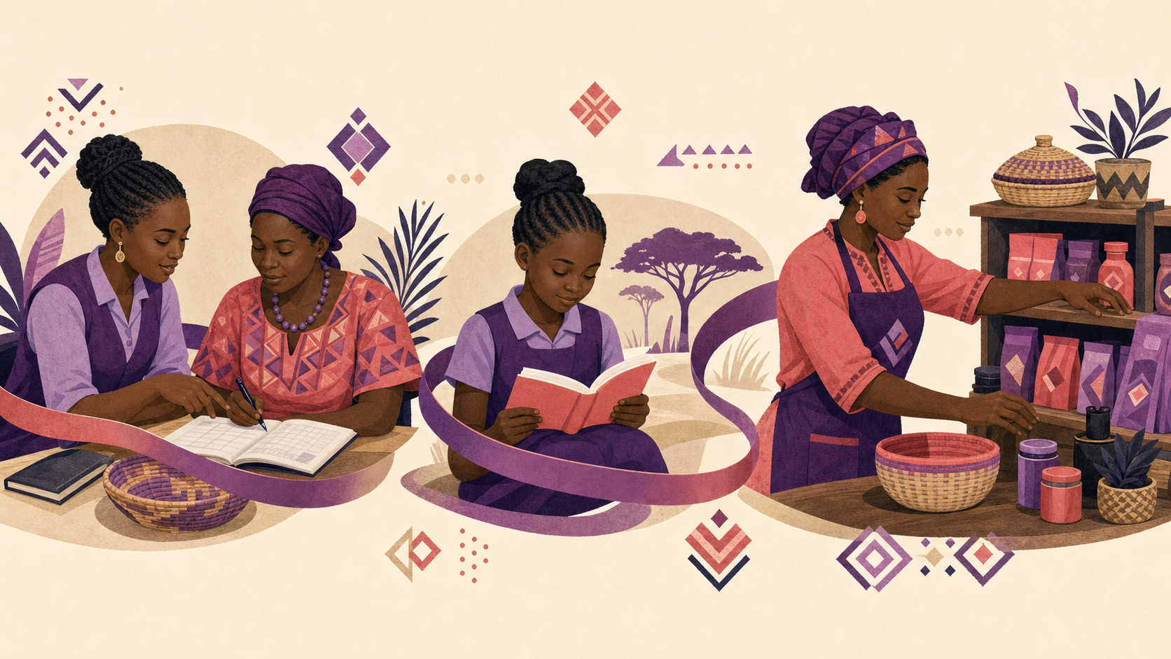 Editorial illustration of financial learning, a child reading, and a woman growing a local business